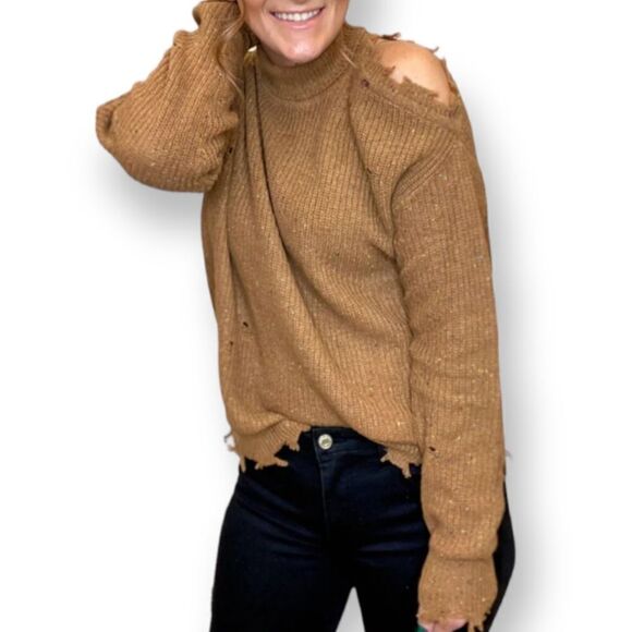 ZENANA DEEP CAMEL CUTOUT TURTLENECK DISTRESSED SWEATER NWT MULTIPLE SIZES - Picture 2 of 8